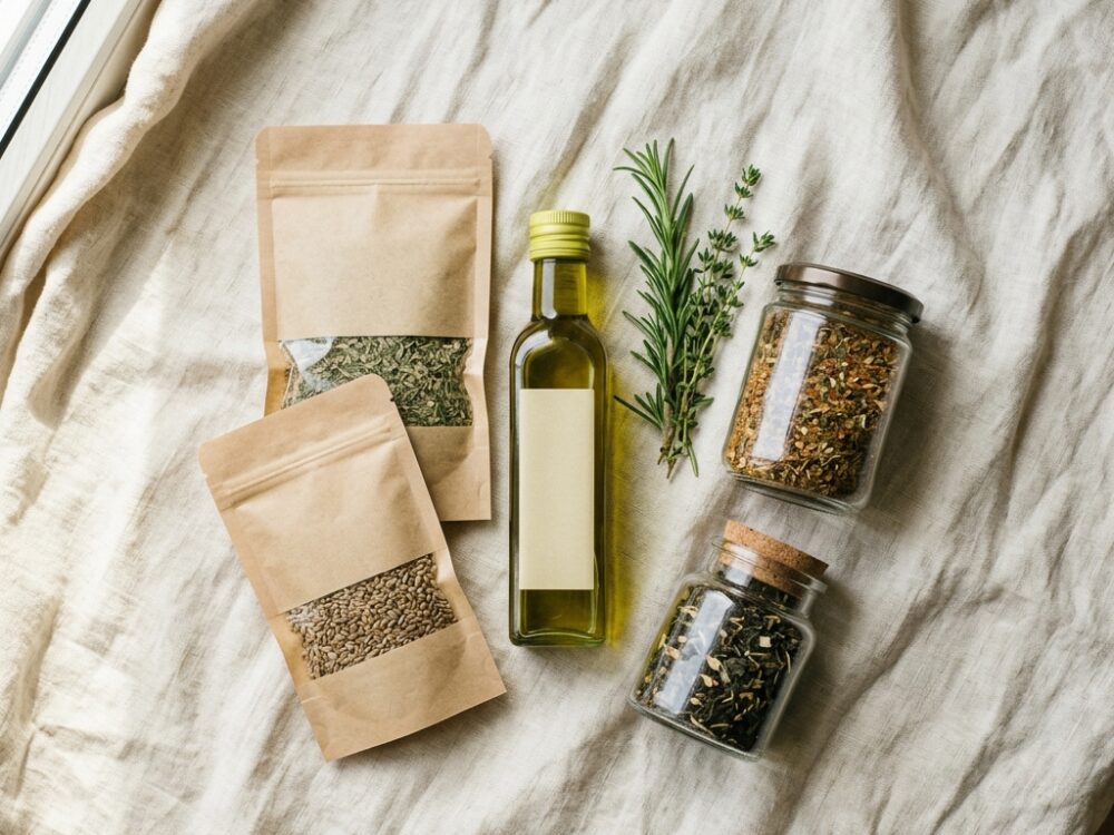 Packaged herbs, olive oil and spices from food suppliers